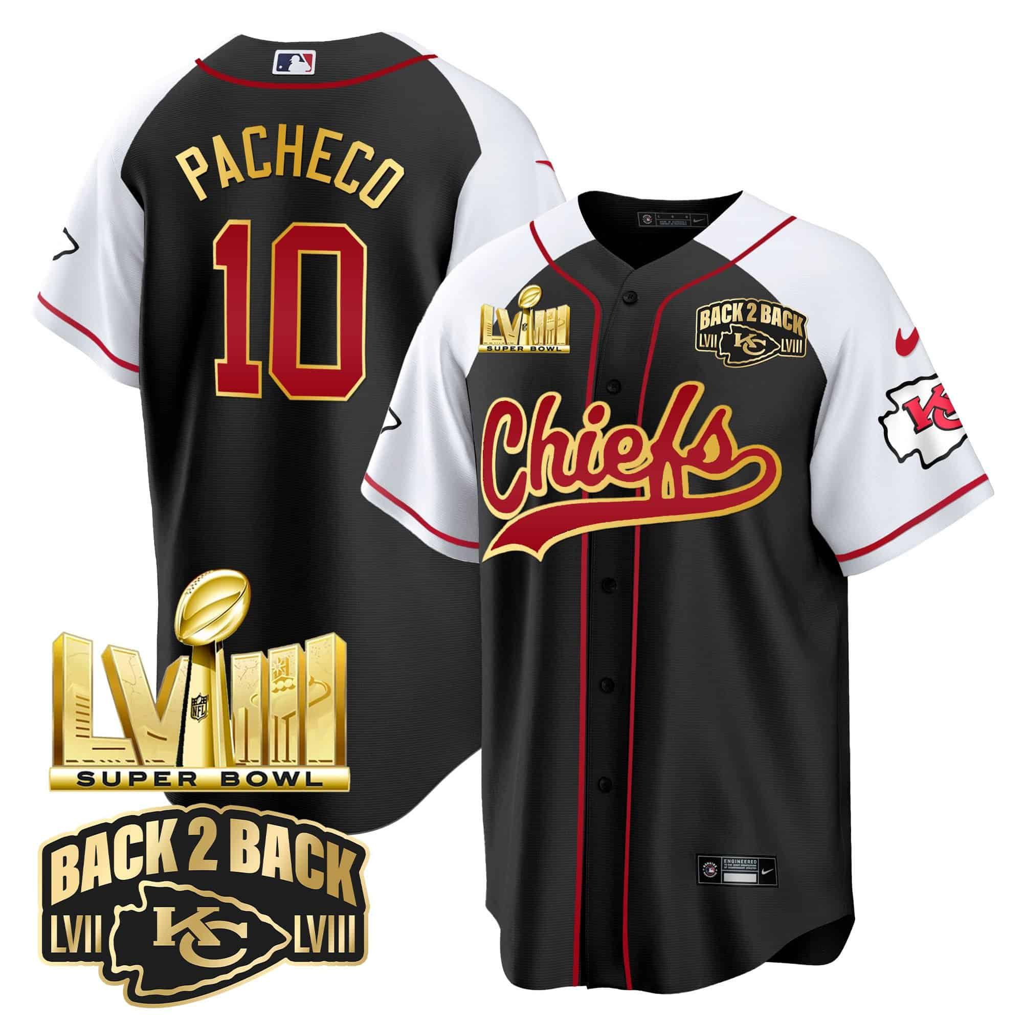 Men Kansas City Chiefs #10 Pacheco Black 2024 Nike Super Bowl LVIII Back-2-Back Gold Patch Baseball NFL Jersey style 1